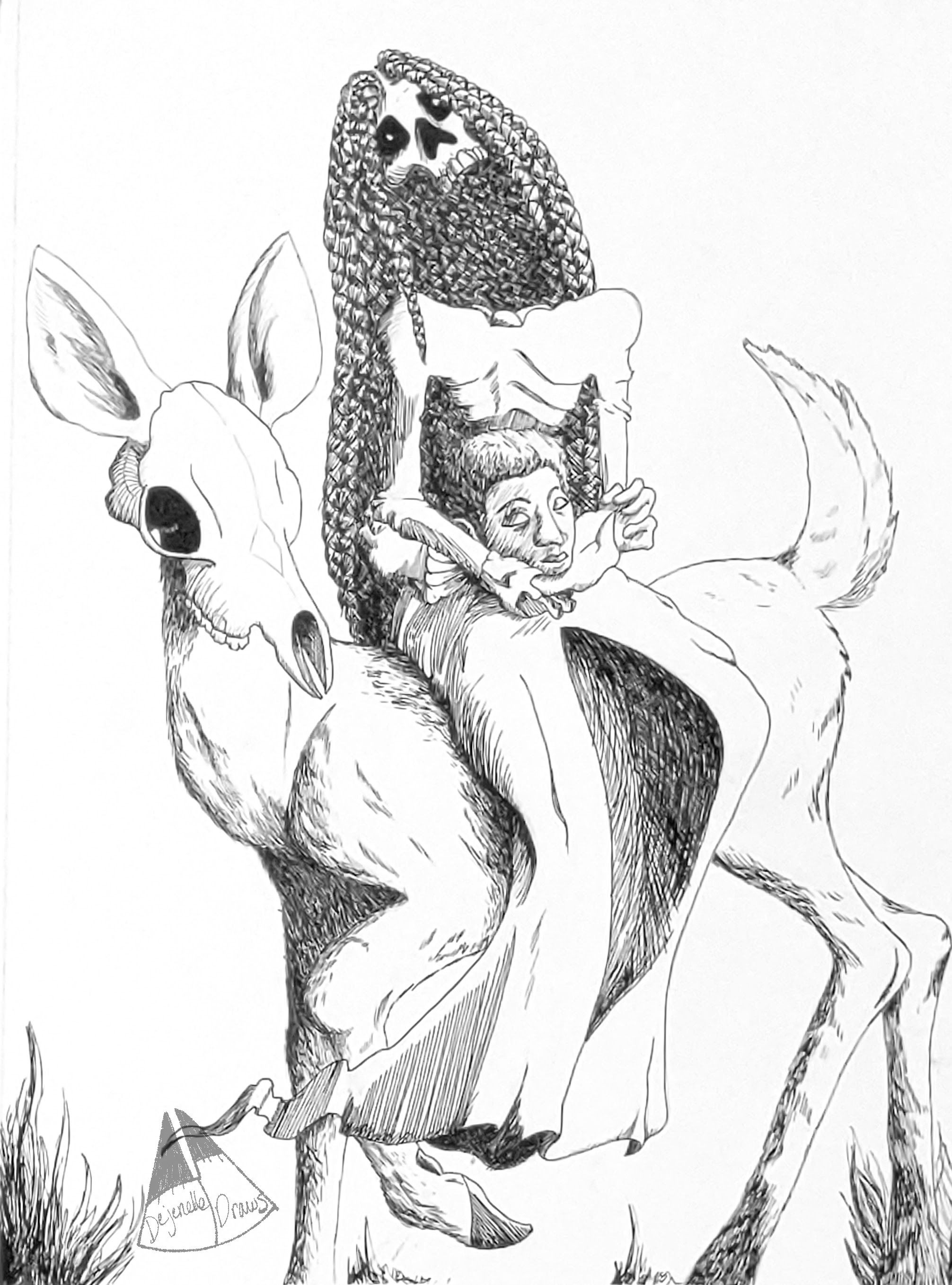 skull-headed woman holds a human head while siting atop a deer